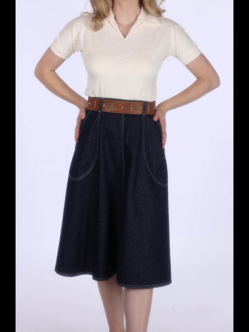 Freddies Of Pinewood Blue A-Line Denim Midi Skirt NWOT 30/W - Picture 2 of 11